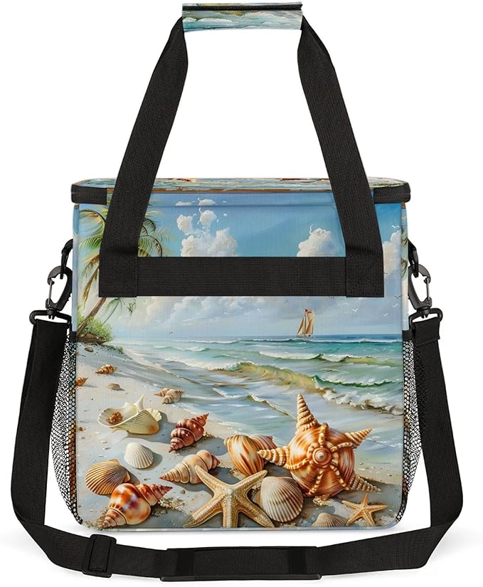 Ocean Beach Starfish Seashell Travel Coffee Maker Carrying Bag Large Organizer Storage Tote Bag Insulated Reusable Cooler Grocery Bags