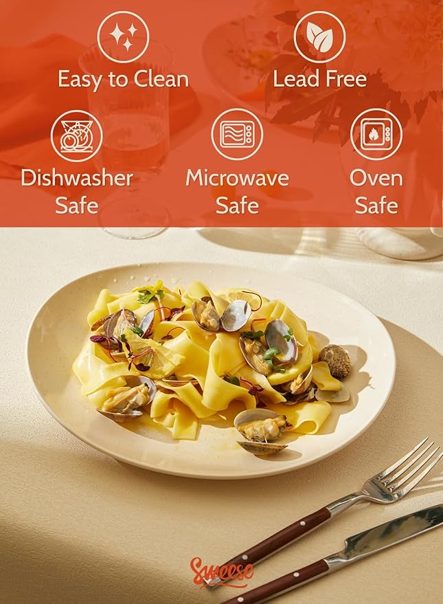 Sweese 11 Inch Porcelain Dinner Plates Set of 6 - Beige Vitrified China Curve Collection Dishwasher Microwave Safe