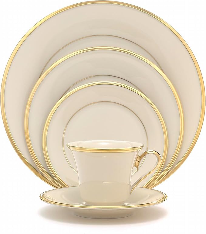 Lenox Dinnerware Set Eternal 5-Piece Place Setting 24-Karat Gold Accents Set Service for 1 Made Of Ivory Porcelain Dishwasher Safe Plates Cups And Saucers Home And Kitchen (Ivory 5 Pcs)