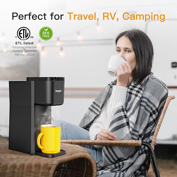 Mini Hot and Iced Coffee Maker Single Serve for K Cup and Ground 6 to 14 Oz Brew Sizes with Recipe Book for Home Travel RV Office and Dorm Classic Black (2.0 Version)