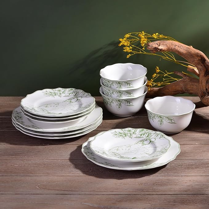 222 Fifth 12-Piece Porcelain Dinnerware Set for 4 Elegant Floral Plates and Bowls Sets-White/Green Ceramic Dishes Chip Resistant Kitchen &amp Dining Dish Set Microwave &amp Dishwasher Safe Hudso