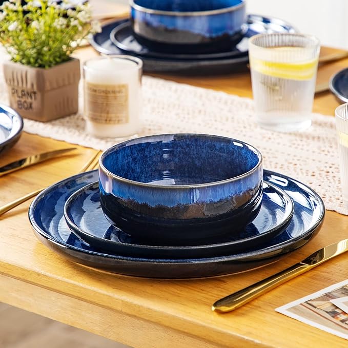 vancasso Starry 18 Pieces Dinnerware Sets for 6 Blue Reactive Glaze Dishes Sets Ceramic Plates and Bowls Set Dinner Salad Dessert Plates and Cereal Bowls Set Dishwasher and Microwave Safe