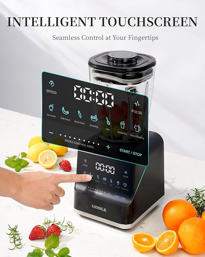 1200W Professional Smoothie Blender for Shakes 52oz Glass Jar Ice Crush Puree 9-Speed Touchscreen with Pulse &amp 7 Functions Black