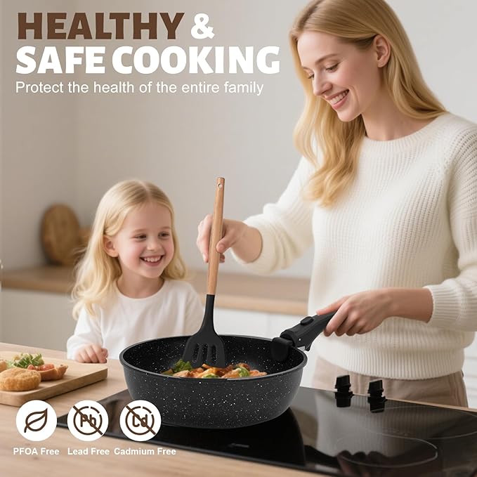 Numola 10 pcs Pots and Pan Set Non Stick with Detachable Handle Ceramic Cookware Set for Stackable Induction Kitchen Cookware Set for RV Dishwasher ＆ Oven Safe Black