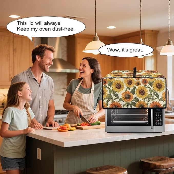 Faux Linen Polyester Toaster Oven Cover Scratch Resistant Appliances Dust Cover with Top Handle Side Storage Pockets for Home Kichen Appliances Retro Sunflower