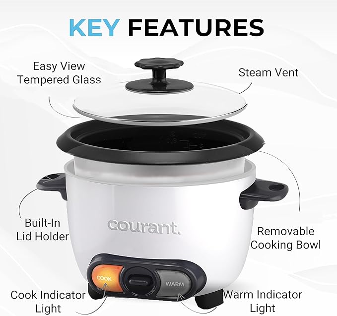 Courant large rice cooker 30 Cup cooked One-Touch large capacity rice cooker family Removable Non-Stick Bowl with steamer try white