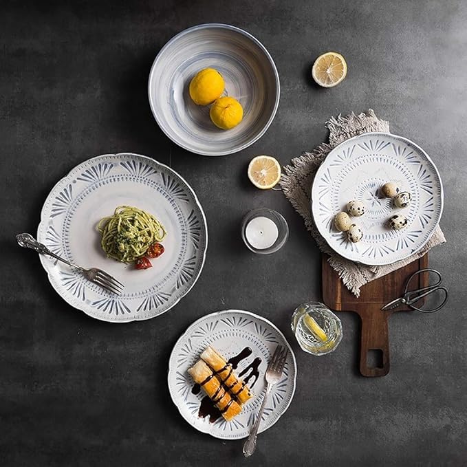Ceramics Dinner SetsBowl/Dish/Spoon3D Baroque Embossed Texture Dinnerware SetBlue-Gray Tone Porcelain Combination Tableware Set30pieces