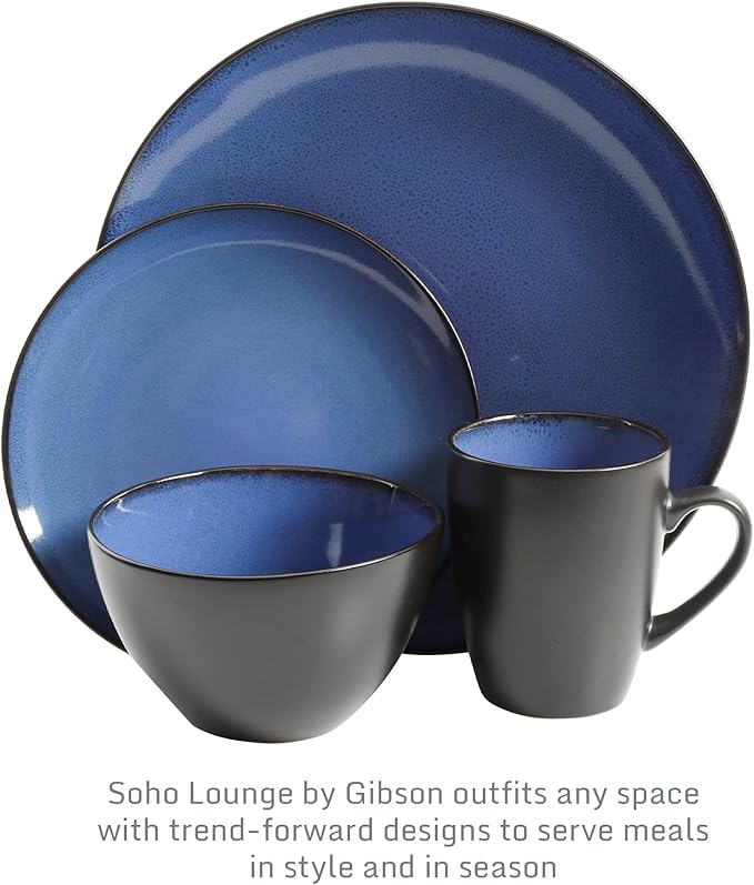 Gibson Elite Soho Lounge Round Reactive Glaze Stoneware Dinnerware Set Service for 4 (16pc) Blue Soho Round.