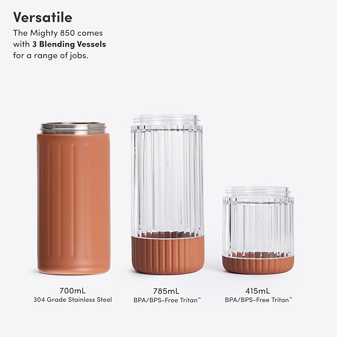 Beast Mighty 850 Stainless Steel | Compact Personal Blender | Extra Vessels | Keeps Blends Cold | Smoothies Shakes Sauces Dips | Portable Straw Caps and Lids | 850W (Terra)