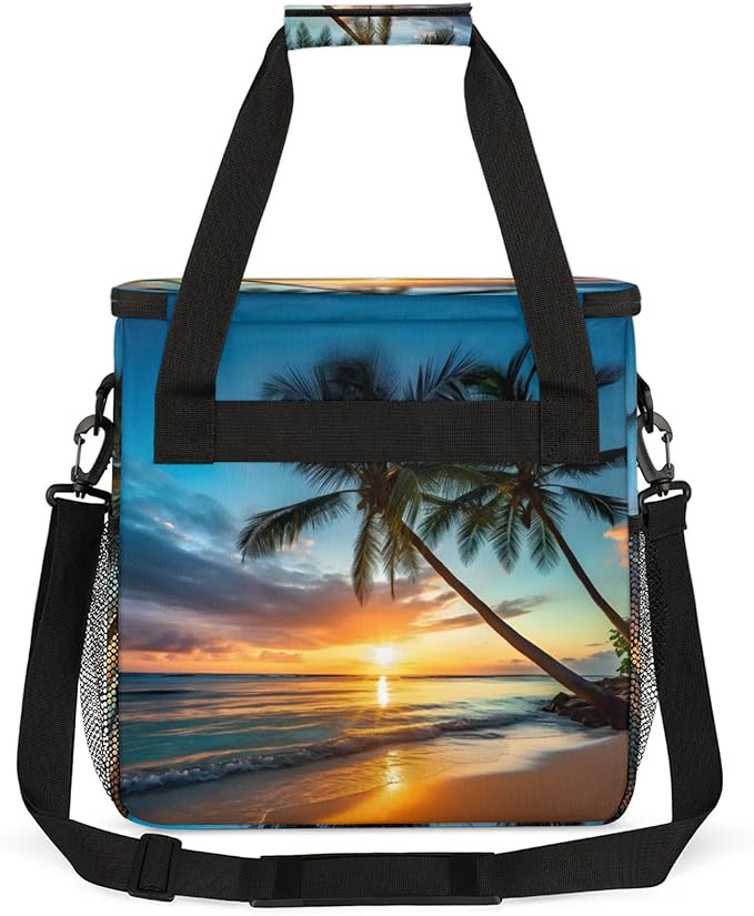 Palm Tree Seaside Scenery Coffee Maker Travel Bag for Keurig K-Mini/K-Mini Plus Insulated Waterproof Tote with Pockets for K-Cup Portable Single-Serve Brewer Case