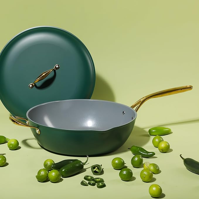 Frok 13 Frying Pan Wok Skillet 4MM Thick Quick Heat Aluminum Cookware w/Aluminum Lid Premium PFA Free Ceramic Nonstick Interior &amp Heat Resistant Exterior - Induction - Green &amp Gold