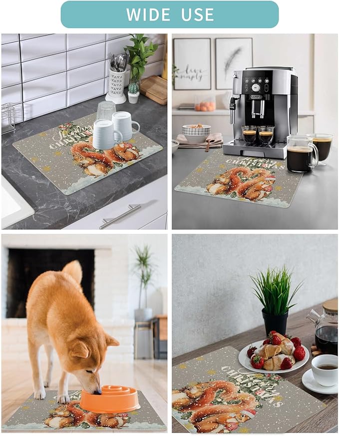 Coffee Mat Coffee Bar Mat for Countertops Merry Christmas Squirrel with Xmas Trees Gray Absorbent Coffee Maker Mat Rubber Backed Dish Drying Mat for Coffee Espresso Machine Coffee Maker 16x24