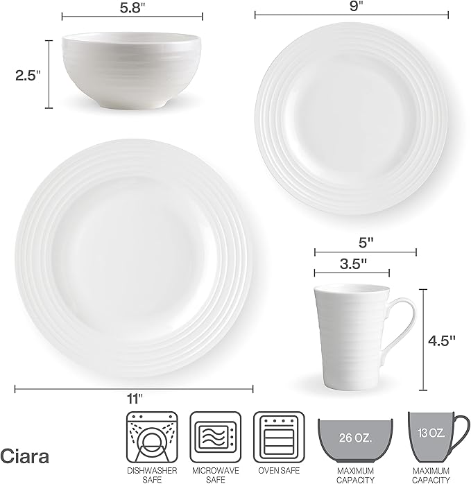 Mikasa Ciara 16 Piece Bone China Dinnerware Set Service for 4 Lightweight and Durable Plates Bowls and Mugs Elegant White Dinnerware for Everyday Use