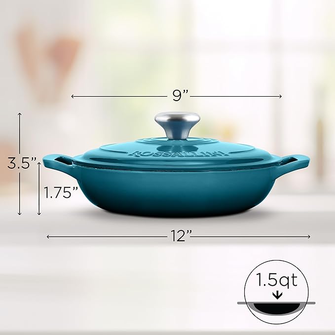 Signature Enameled Cast Iron Braiser Non-Stick Serving Pot with Tight Fitting Lid for Perfect Roasting Baking Sauteing Searing and Pan Frying | 1.5Q (1.4L) - Ocean Blue