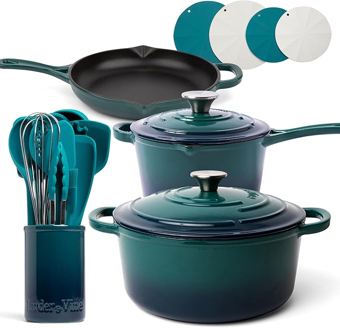 Larder &amp Vine 21 Piece Cookware Set (Bondi) | Dutch Oven Utensil Set Saucepan Skillet and Trivets