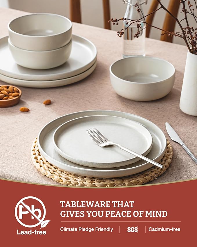 Famiware Milkyway Stoneware Dinnerware Sets with Pasta Bowls Service for 6 (24 Pieces) Reactive Glaze Plates and Bowls Sets Microwave and Dishwasher Safe Dishes Set Matte Beige White