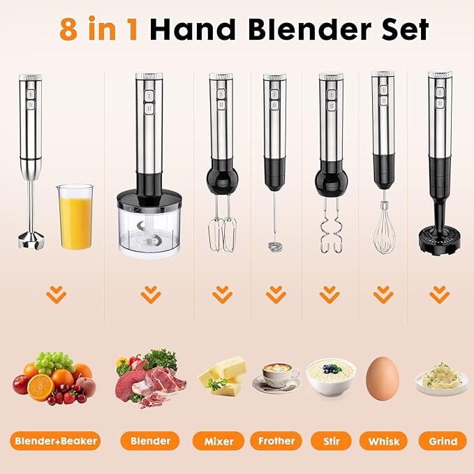 Immersion 8 in 1 Hand Blender 25 Speed &amp Turbo Mode Handheld Blenders Electric Sitck Blender with Beaker Chopper Milk Frother Frother Grinder and Mixer