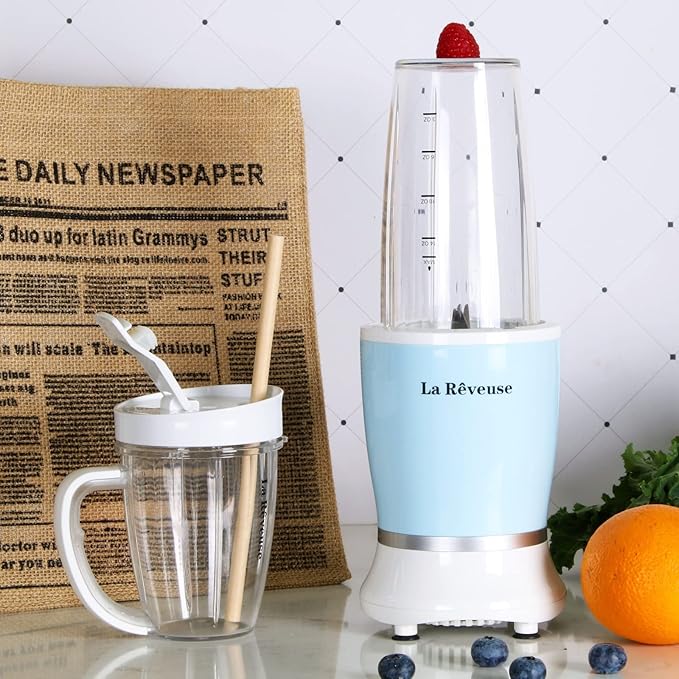 La Reveuse Personal Size Blender 250 Watts Power for Shakes Smoothies Seasonings Sauces with 1 Piece 15 oz Cup1 Piece 10 oz MugBPA-Free (Sky Blue)