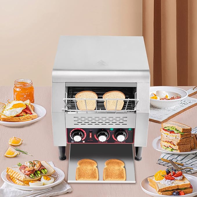 Commercial Conveyor Toaster Machine 300 Slices/Hour 2200W Stainless Steel Heavy Duty Industrial Toasters Countertop Electric Restaurant Equipment for Bun Bagel Bread Donuts Baked Food