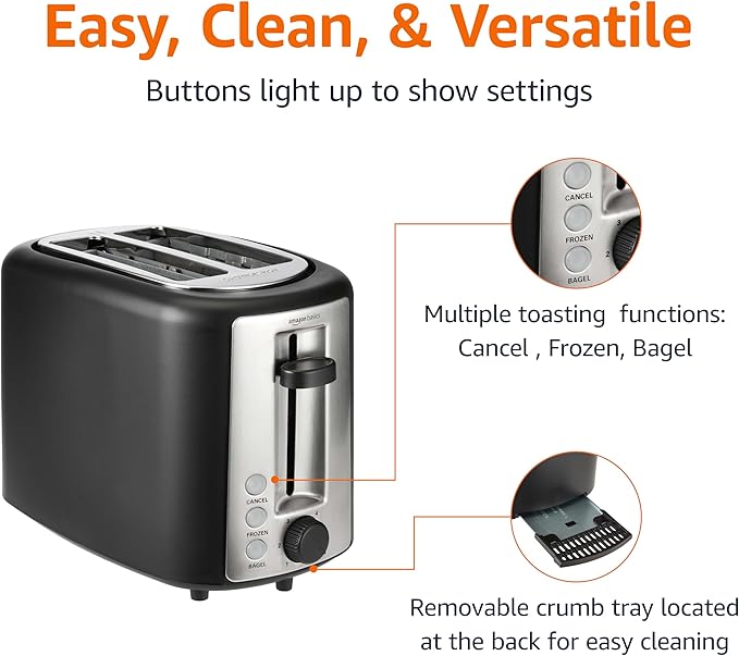 Amazon Basics 2 Slice Toaster Extra Wide Slots for Bagels 6 Browning Settings Removable Crumb Tray Defrost/Cancel/Bagel Buttons Cord Wrap 900W Black &amp Silver