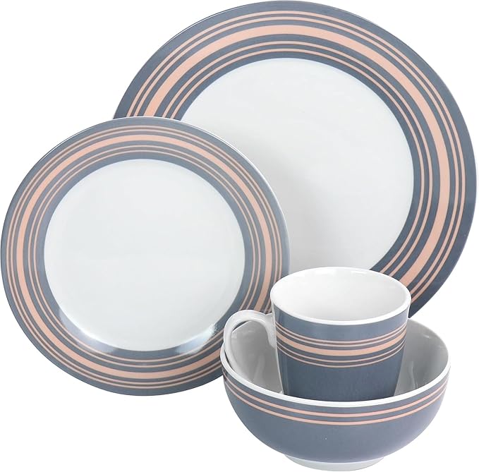 16-Piece Ceramic Dinnerware Set for 4 – Grey and Pink Plates Bowls &amp Mugs – Microwave &amp Dishwasher Safe Modern Everyday Tableware (Grey &amp Pink)