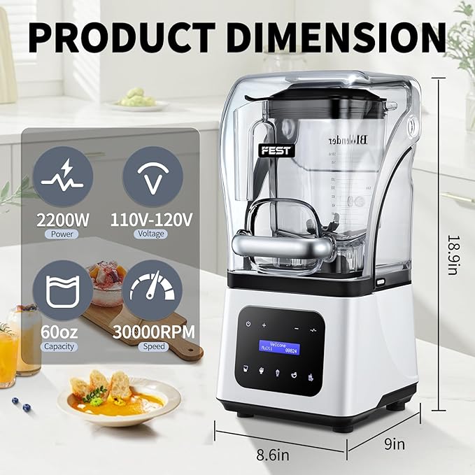Commercial Blender 2200W Heavy Duty Countertop Blender Quiet Shield Sound Enclosure 6-Blade System DIY Timer &amp 9-Speed 5 Preset ProgramsSmoothies Juices Shakes &amp Frozen Drinks 60oz Pit