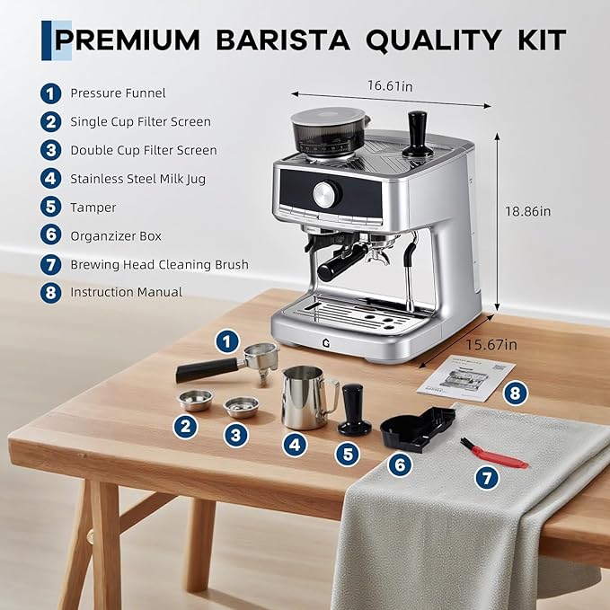 20 Bar Pressure Stainless Steel Espresso Machine with Grinder 1.5l Removable Water Tank Milk Frother Steam Wand for Latte and Cappuccino Adjustable Shot VolumeSilver