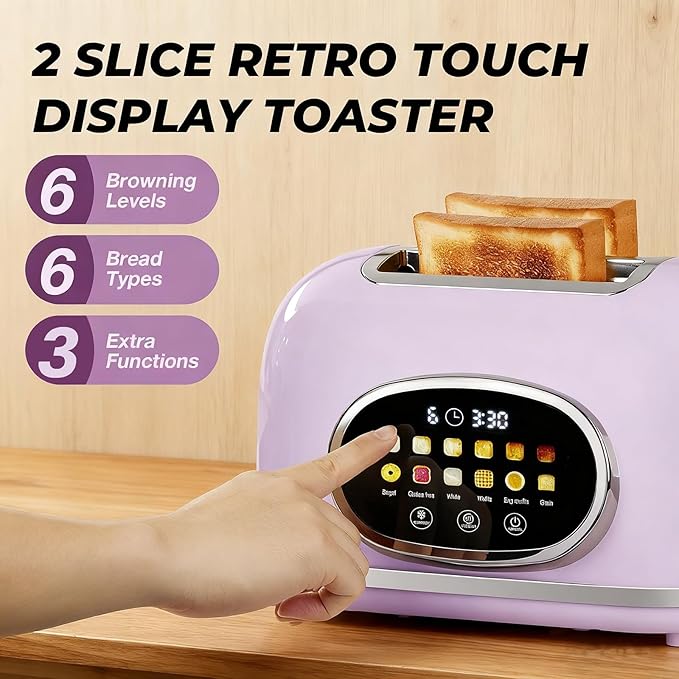 Roter Mond 2 Slice Toaster Smart Touch Screen Retro Stainless Steel Bread Toaster with Digital Timer Sleep Mode Bagel Cancel and Defrost Functions 6 Bread Types and Shade Settings Light Purple