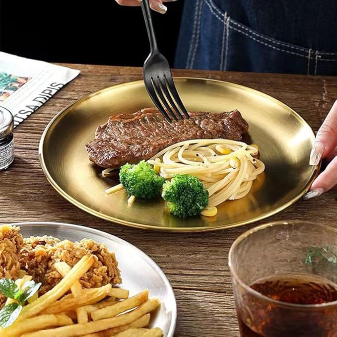Hbluefat 4 PCS 12 Inch Gold Brushed Stainless Steel PlateRound Metal Dinner PlatesKitchenware Dinner Dishes Serving Tray Camping Plates for BBQSnackSteakFood ServingDishwasher Safe (Golden)