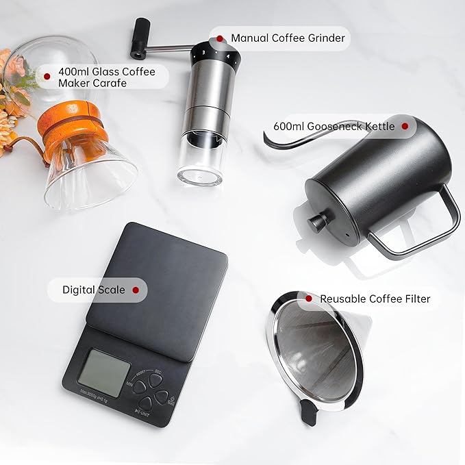 SuperCook Pour Over Coffee Kit Coffee Maker Set All in One Hand Drip Coffee Set Coffee Grinder Manual Set Ideal for Anniversary Birthday Gift