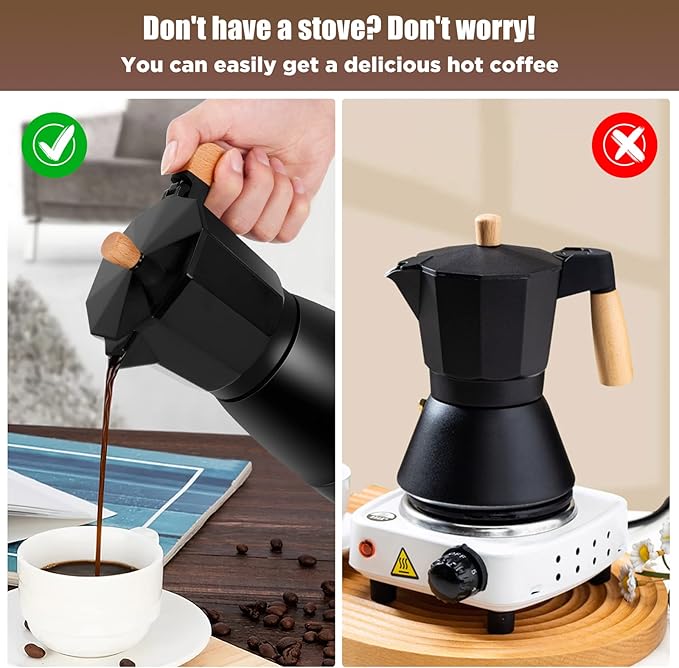 SHANGSKY Coffee Pot Electric Coffe Maker 6 Cup Espresso Coffee Maker Cafeteras Electricas Italian Coffee Pot Espresso Makers Portable Aluminum Electric Mocha Pots (Wooden HandleUS 3-pin Plug)