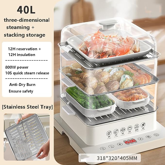 Multifunctional Food Steamer with 500 Sheets Baking Paper | Electric Warming Heater with 3 Tier Stackable Tray (40l) | Steamer Cookware Rice Cooker For Preparing 800w