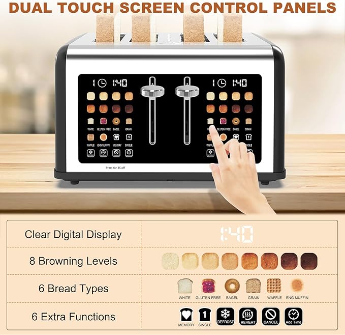 4 Slice Toaster Touch Screen Stainless Steel Toasters Digital Timer Dual Control Panel Toasters 8 Shade Settings 6 Bread Types for Bagel Cancel Defrost 1650W Black