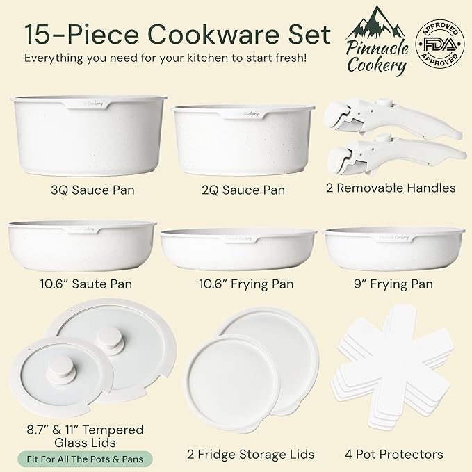 15-Piece White Granite Nonstick Cookware Set – Detachable Handles &amp Tempered Glass Lids – Stackable &amp Cool-Touch - Induction &amp Oven Safe to 480°F - Scratch-Resistant PFOA &amp PFOS-Free