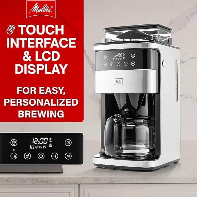 Melitta® Aroma Fresh™ Plus 10-Cup Automatic Drip Programmable Coffee Maker with built in Burr Coffee Grinder 5-Pack Coffee Filters included