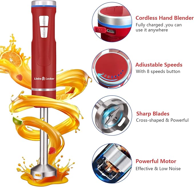 Liebe&ampLecker Immersion Blender Handheld Cordless 3 in 1 Cordless Hand Blender 8 Speed Emulsion Blender Handheld with Whisk Milk Frother for Soup Smoothie Red