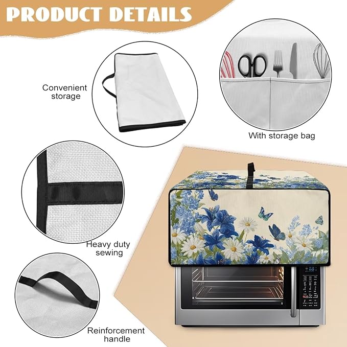 Lily Daisy Print Toaster Oven Covers for Kitchen Counter Decor Heavy Duty Toaster Oven Air Fryer Cover Kitchen Small Appliance Protector with Side Pockets Blue