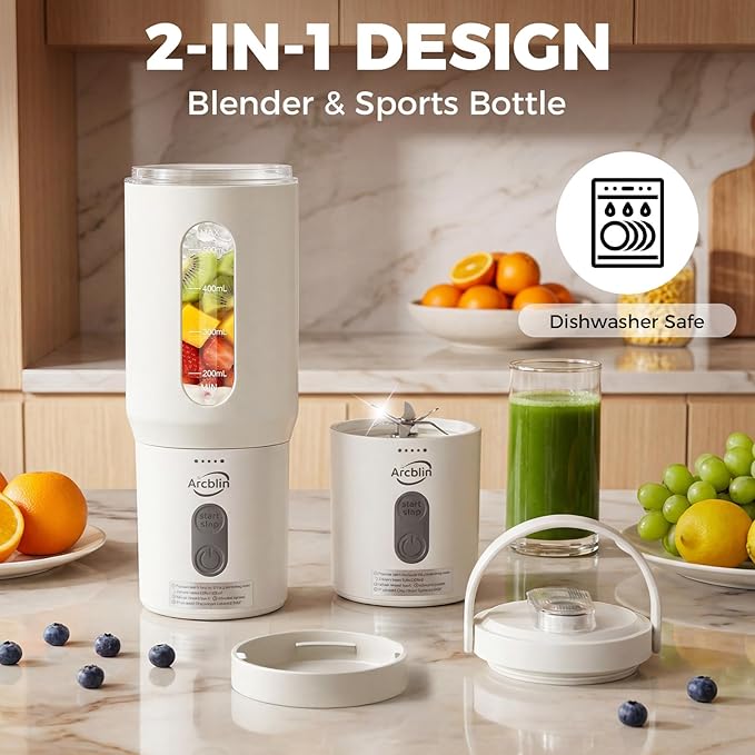 Portable Blender for Shakes and Smoothies 17oz Personal Blender with Detachable To-Go Cup &amp Carry Handle USB-C Rechargeable Mini Juicer Auto-Shutoff BPA Free Dishwasher Safe White