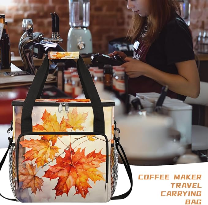 Autumn Maple Leaf Watercolor Coffee Maker Carring Bag Travel Carrying Storage Tote Bag Compatible with Keurig K-Mini or K-Mini Plus Portable Single Serve Coffee Brewer Case with Pockets