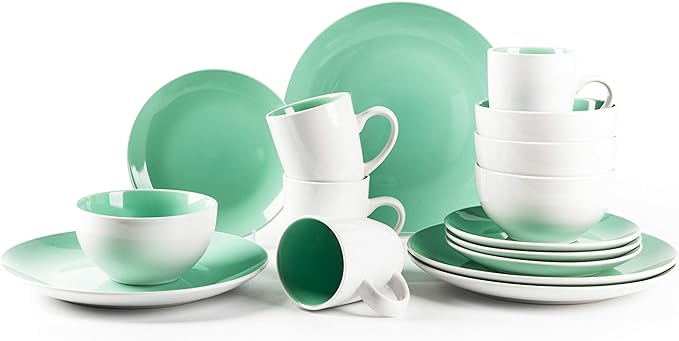 Stoneware Coupe Shape 16pc Dinnerware Set Outside White + Inside Teal