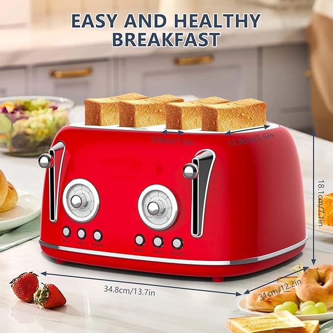 Long Slot Toaster 4 Slice Wide Slot Stainless Steel Toaster with 6 Browning Settings &amp Bagel Defrost/Reheat Functions Compact Kitchen Toasters with Removable Crumb Tray 1500W (Red)