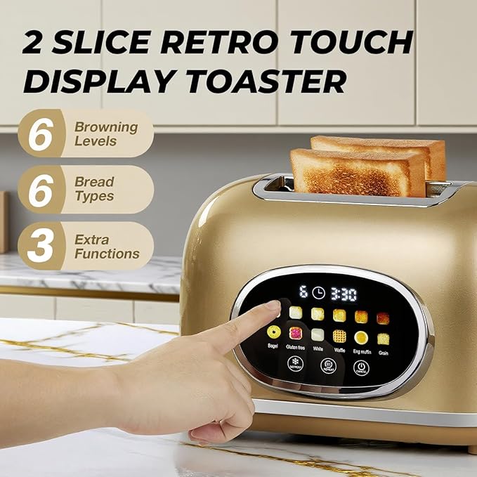 Roter Mond 2 Slice Toaster Smart Touch Screen Retro Stainless Steel Bread Toaster with Digital Timer Sleep Mode Bagel Cancel and Defrost Functions 6 Bread Types and Shade Settings Gold