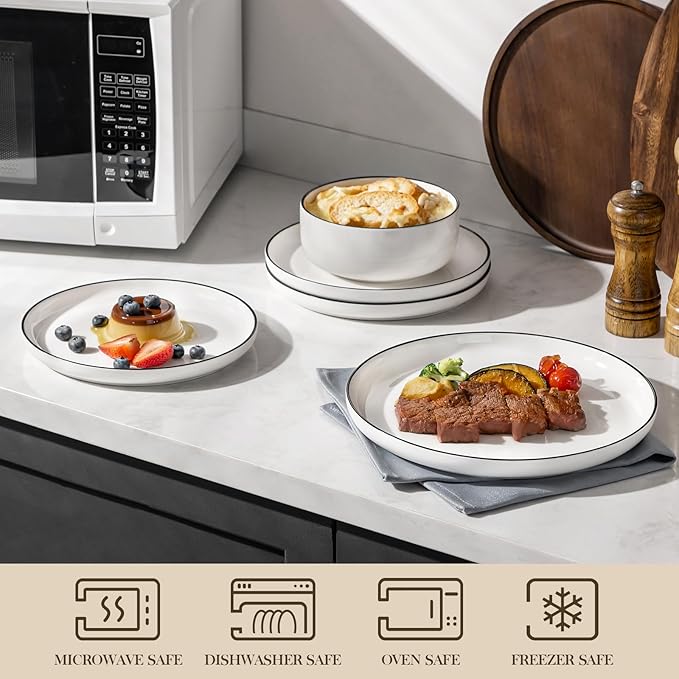 MALACASA Plates and Bowls Sets 12 Pieces Modern Porcelain Dinnerware Set for 4 White Kitchen Dinner Dining Ware Set wtih Black Rim Ceramic Dishware Dishes Microwave and Dishwasher Safe Series LUNA