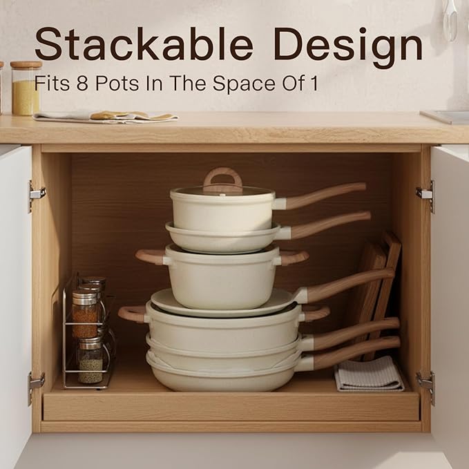 Pots and Pans Set Non Stick Non-Toxic 22 Pcs Ceramic Cookware Sets Nonstick Kitchen Pot&ampPan With Lid Cream White Granite Induction Compatible with Glass Lids Crepe Frying Pan PFOA/PFOS-Free