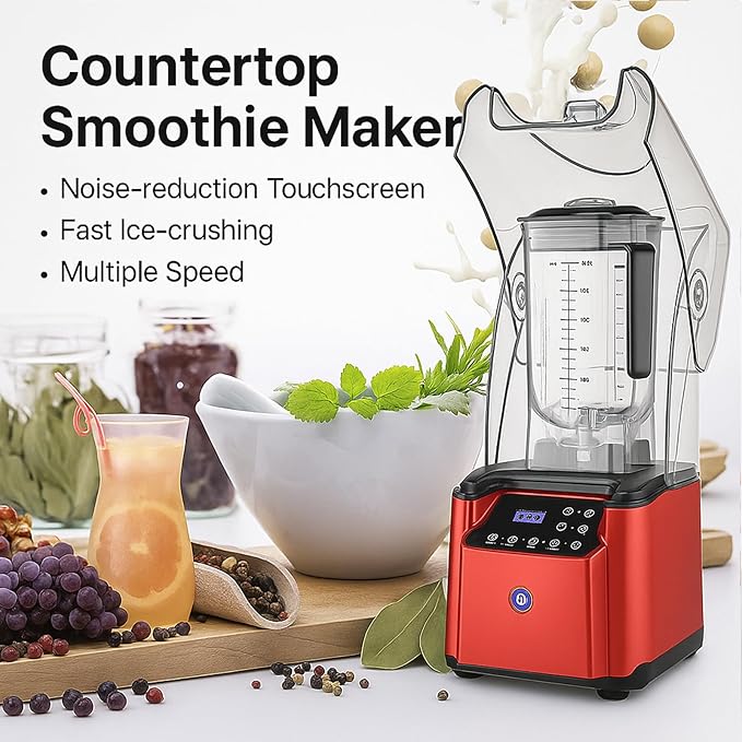 2200W Quiet Commercial Blender with Soundproof Shield – 2.2L Countertop Smoothie Maker with Smart Touch Screen – High Speed Food Blender for Ice Juices Shakes Restaurants Home UseRed