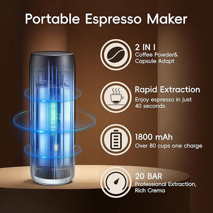 Portable Espresso Maker 20Bar Pressure &amp Up to 60 Cups per Charge Battery Operated Portable Coffee Maker Works with Ground Coffee &amp Capsules for Camping Car Travel and Office Use.