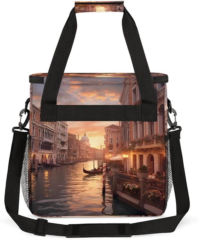 Water City Landscape Coffee Maker Travel Bag for Keurig K-Mini/K-Mini Plus Insulated Waterproof Tote with Pockets for K-Cup Portable Single-Serve Brewer Case