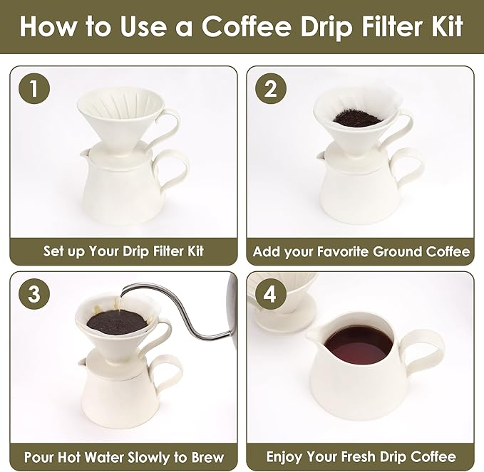 450ml Ceramic Pour-Over Coffee Maker with Drip Filter - Ideal for 1-2 People Sturdy and Heat-Safe Coffee Pot (White)
