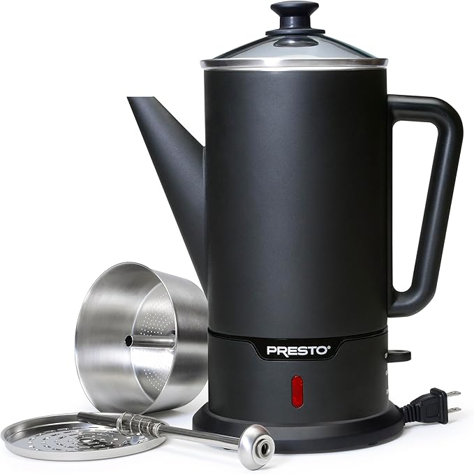 Presto 02815 12-Cup Cordless Coffee Percolator - Stainless Steel Modern Design Easy Pour Spout Stay-Cool Handle Matte-Black