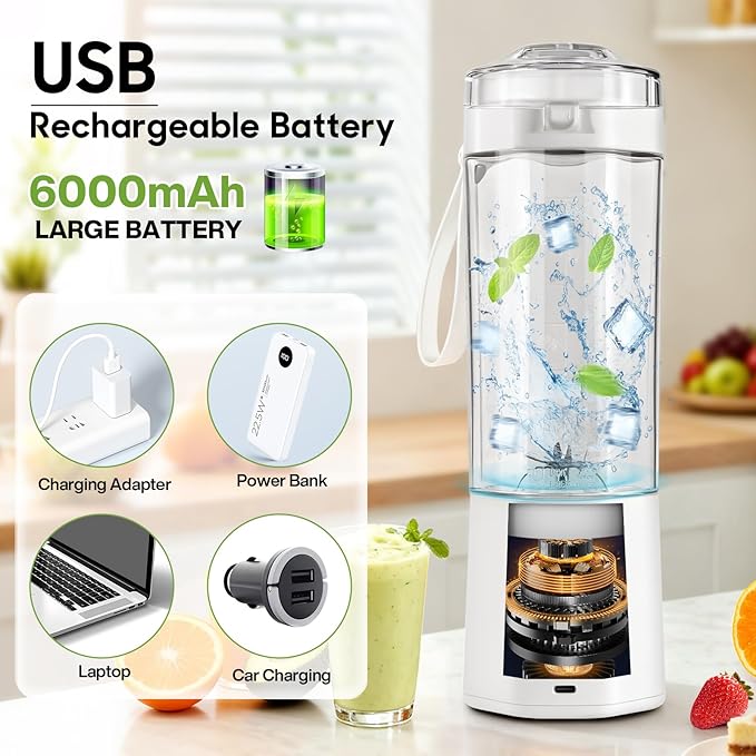 MIAOKE 2026 Upgrade 700 ML Portable Smoothie Blender Rechargeable Personal Blende Contains both Automatic and Pulse Functions with Travel Cup and Lid 6 Sharp Blades Mixer Blender Machine Kitchen